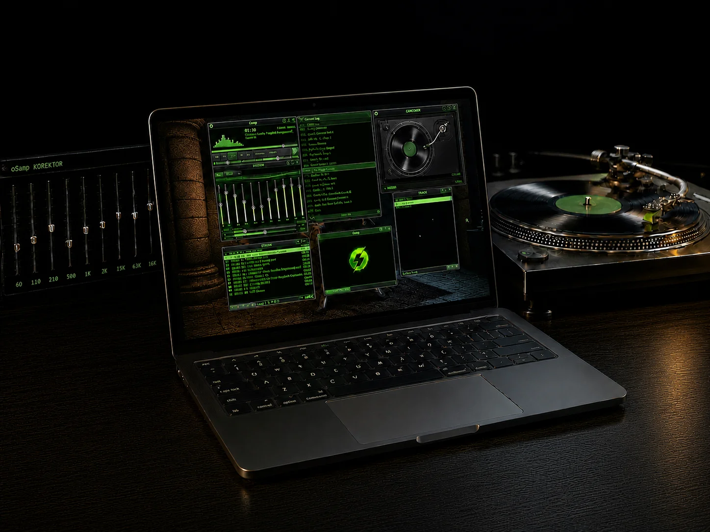 Laptop z wielookienkowym interfejsem oSamp i gramofonem